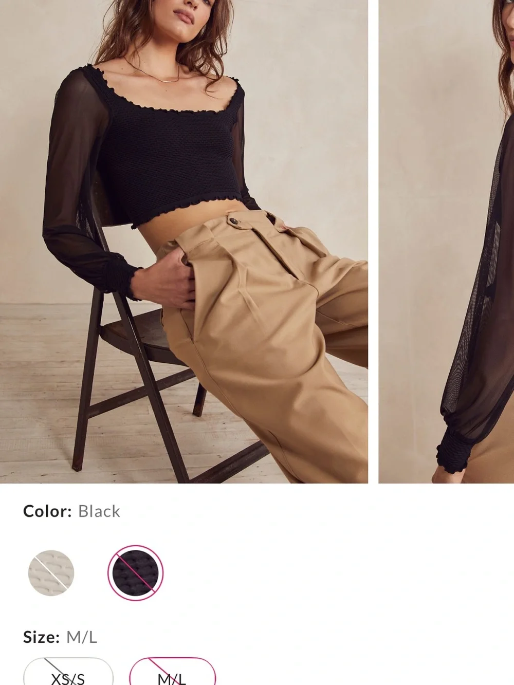 Free People Black Cropped Knit & Chiffon Sleeve - Meet Me Seamless Top M/L